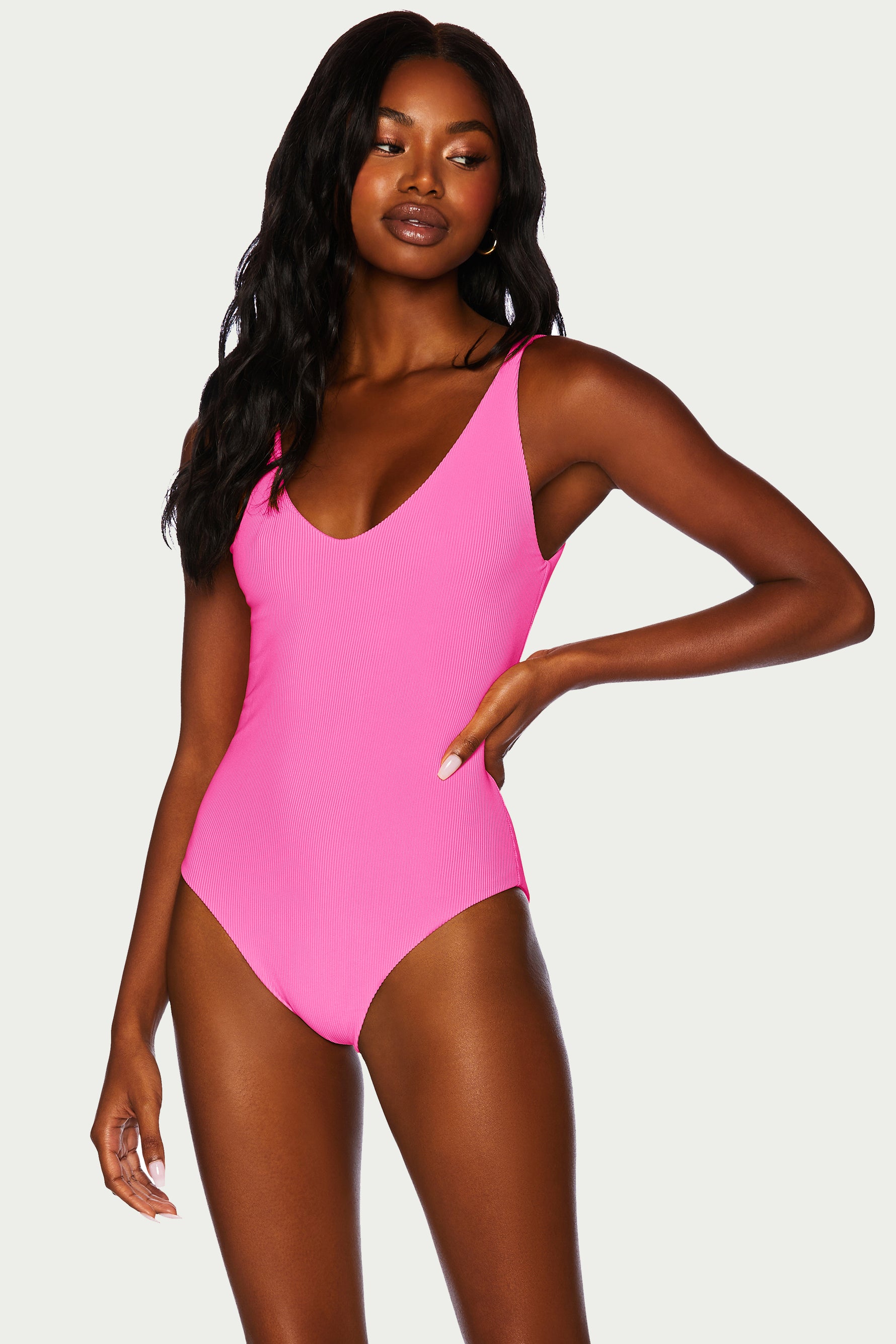 neon pink plunge neck one piece swimsuit