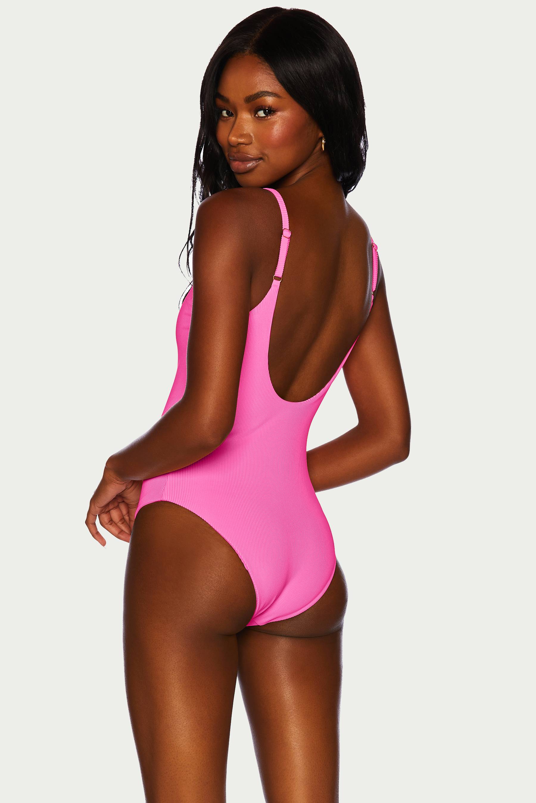 neon pink ribbed swimsuit