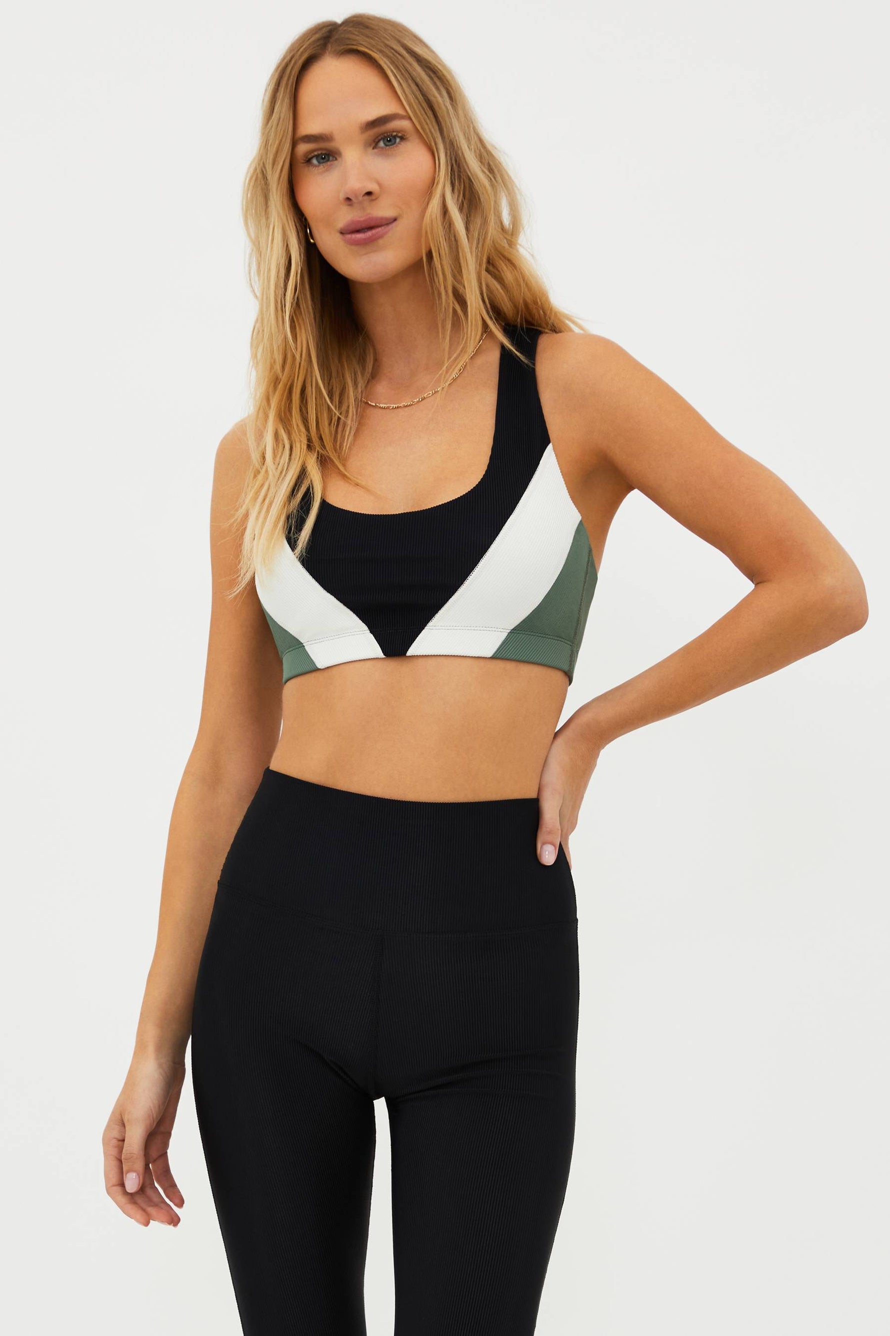 ribbed racerback sports bra with black sage and white stripes