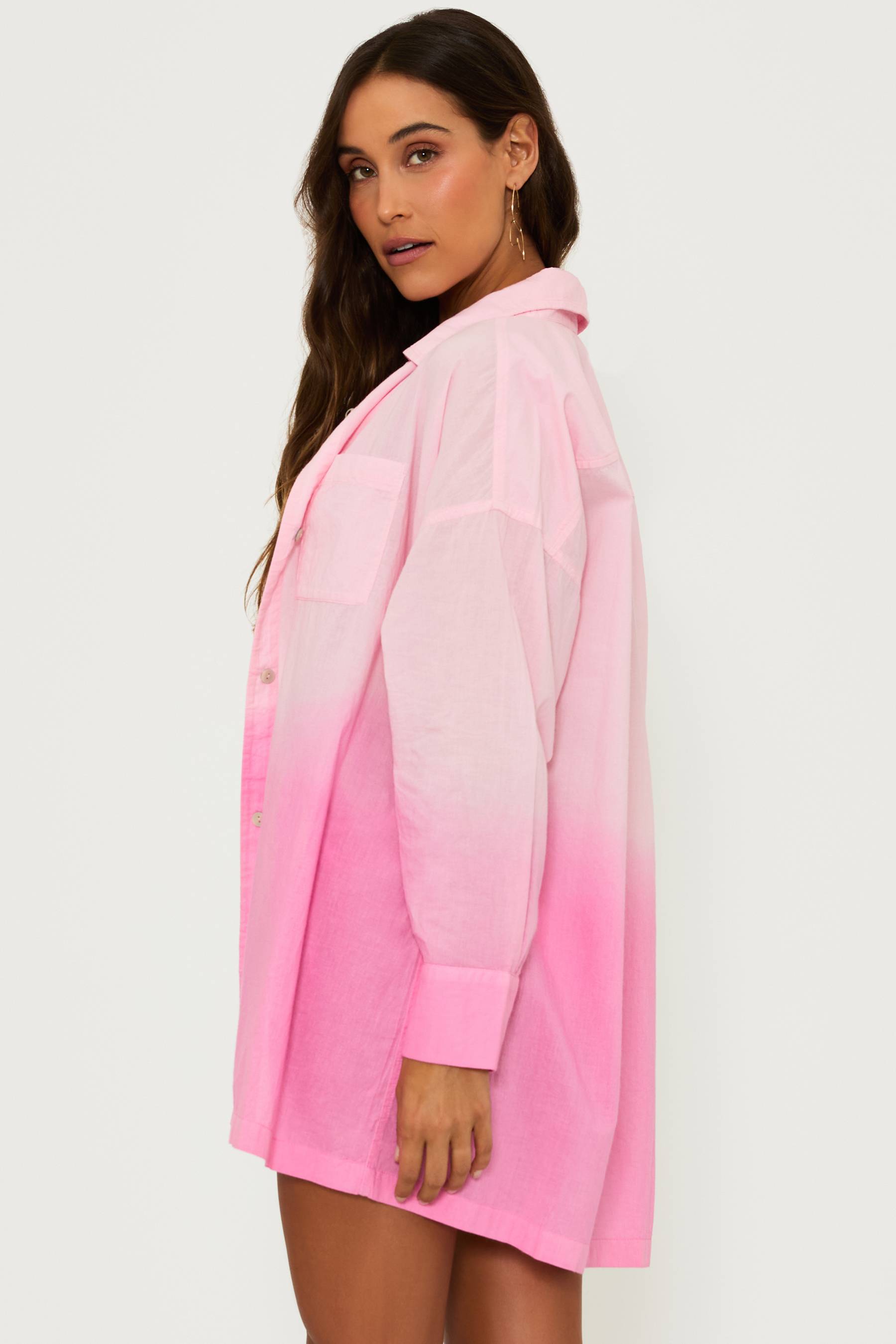 Pink ombre button up long sleeve cover up