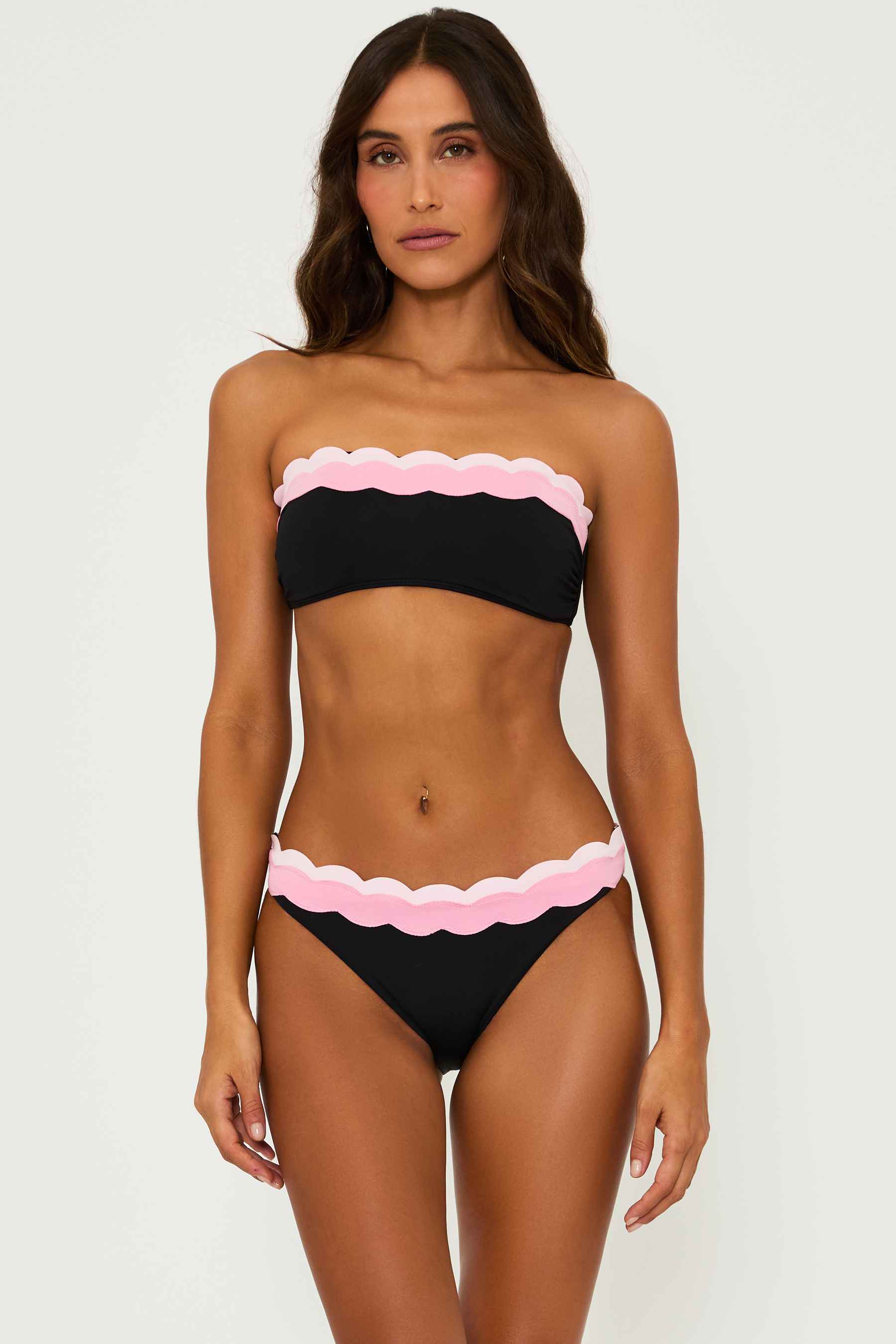 black low rise bikini bottom with pink wavy contrast trim