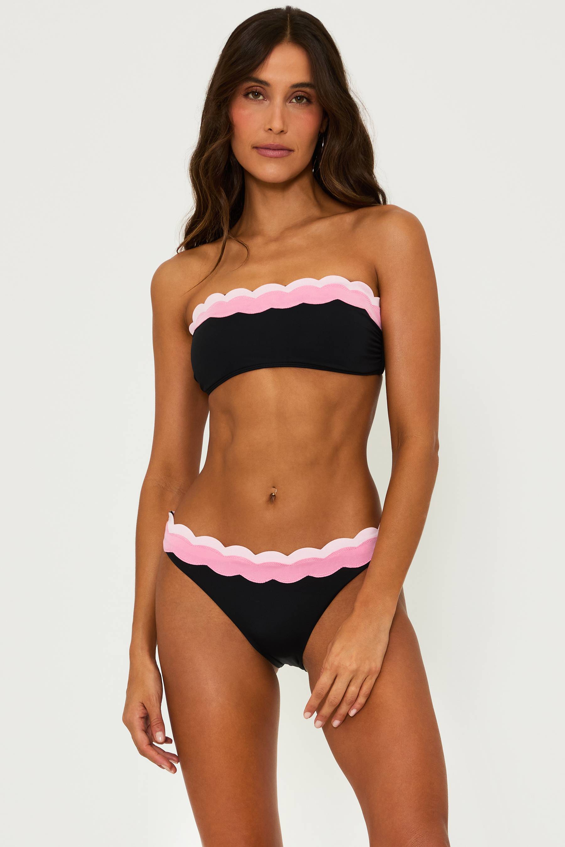 black bikini with pink colorblock waves