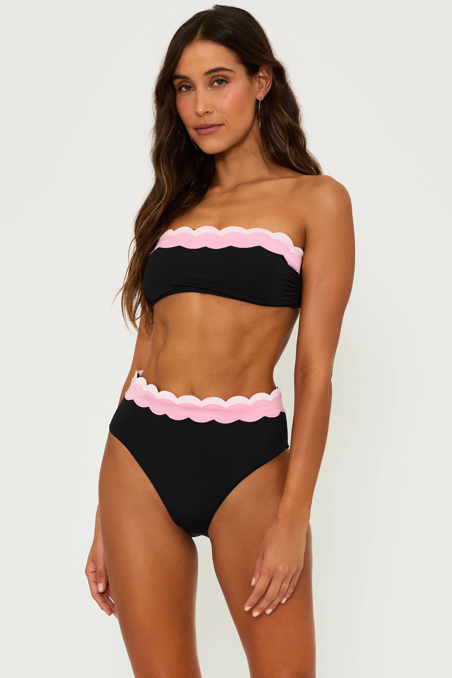 black bikini with pink colorblock waves