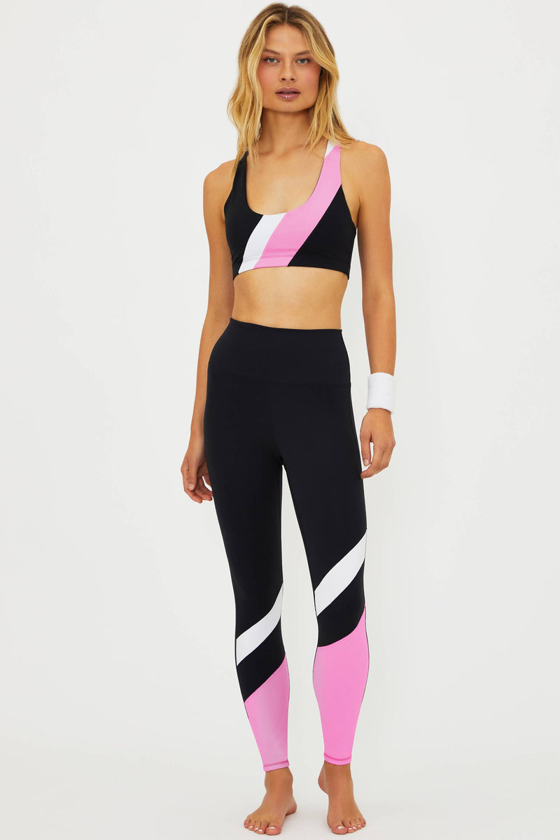 black full length legging with pink and white colorblocking on the leg