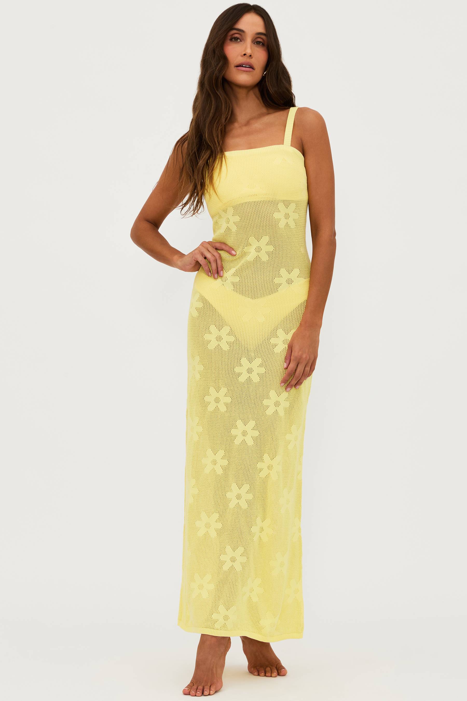 yellow knit floral cover up dress