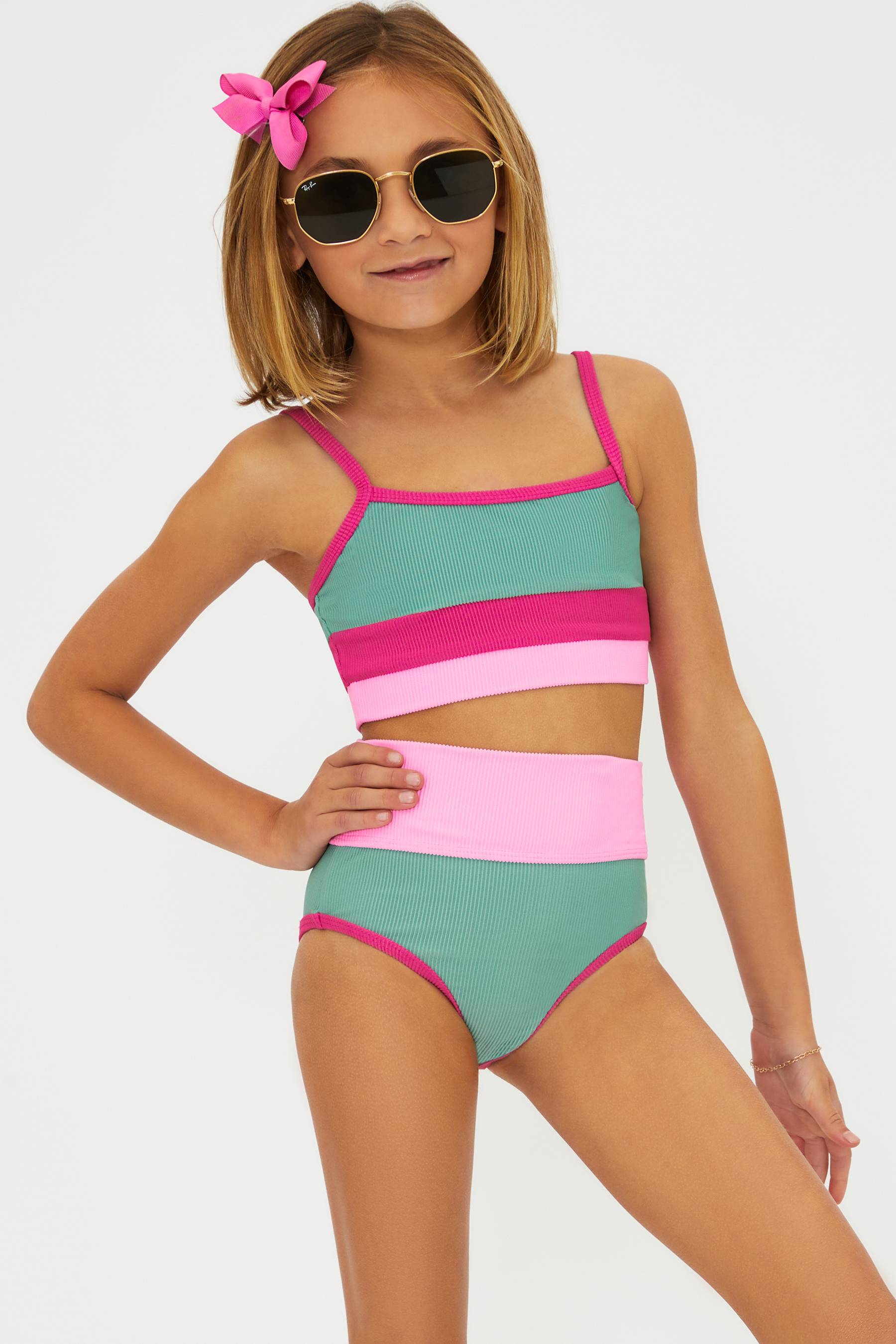 Little girls pink and green two piece swim suit