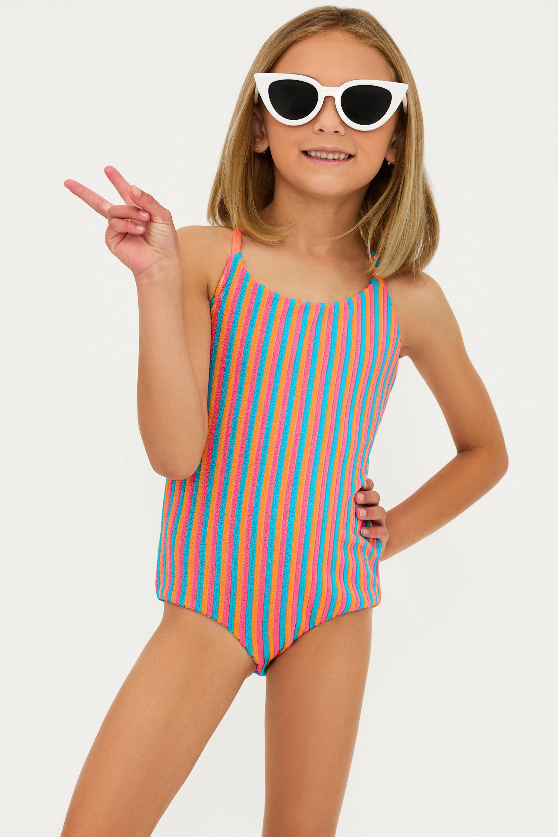 little girls one piece swim suit with neon stripes