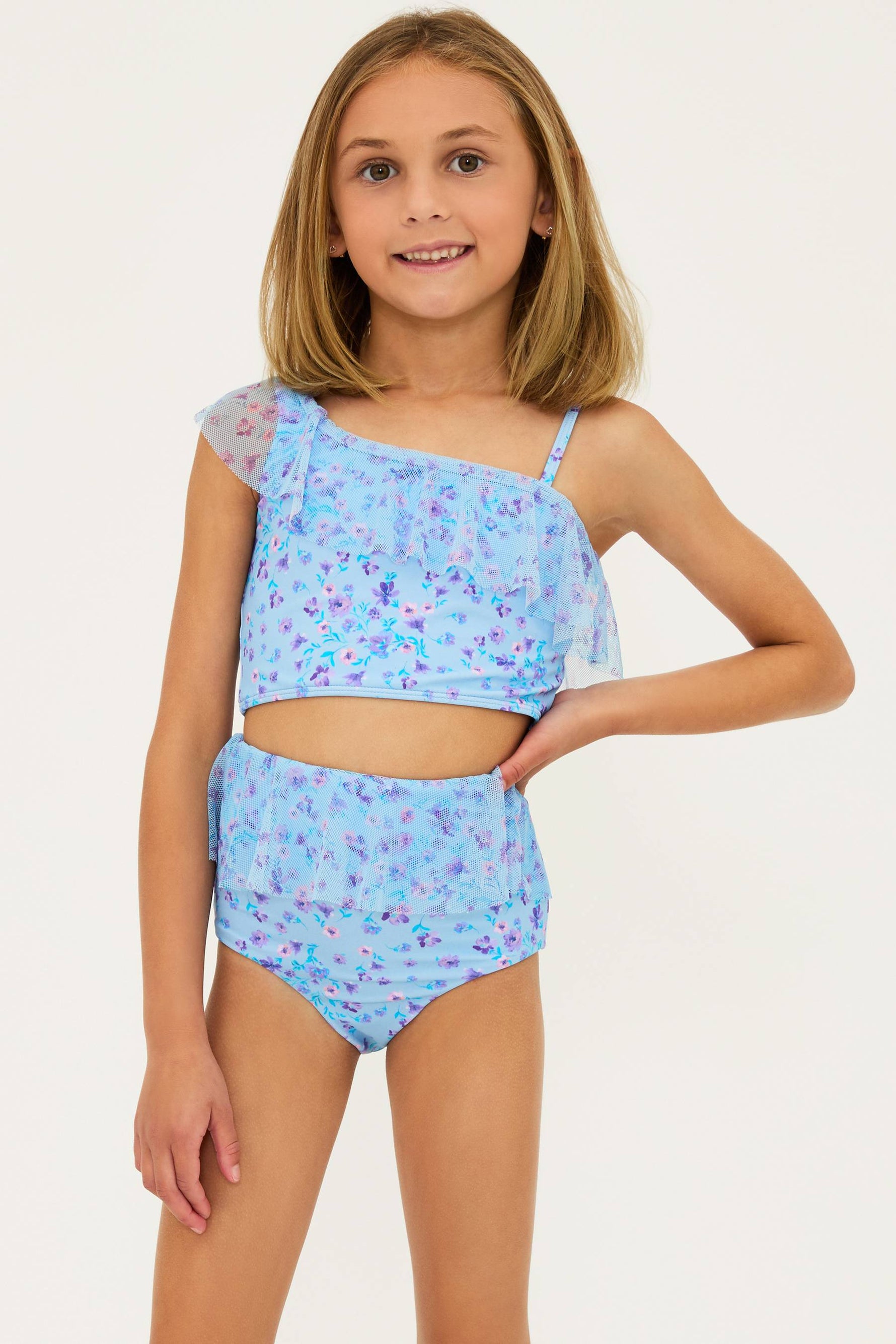 Girls two piece bikini set with ruffles in a. blue shade with floral print