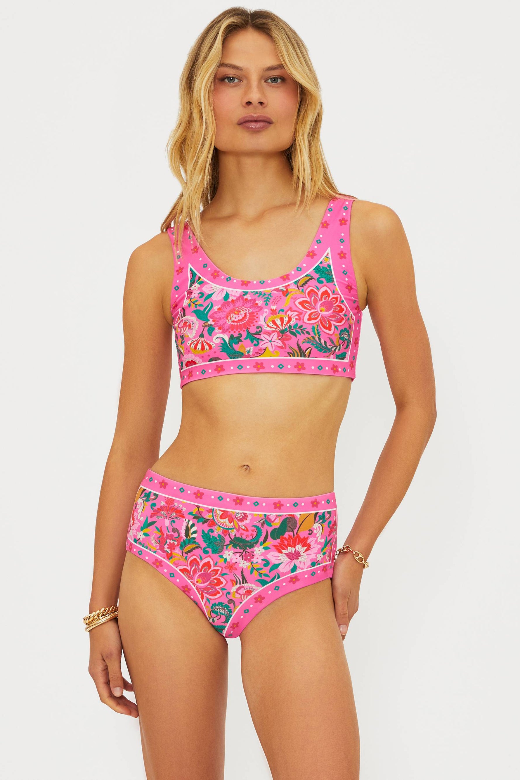 pink floral printed bikini with a bralette style top and mid rise bottom