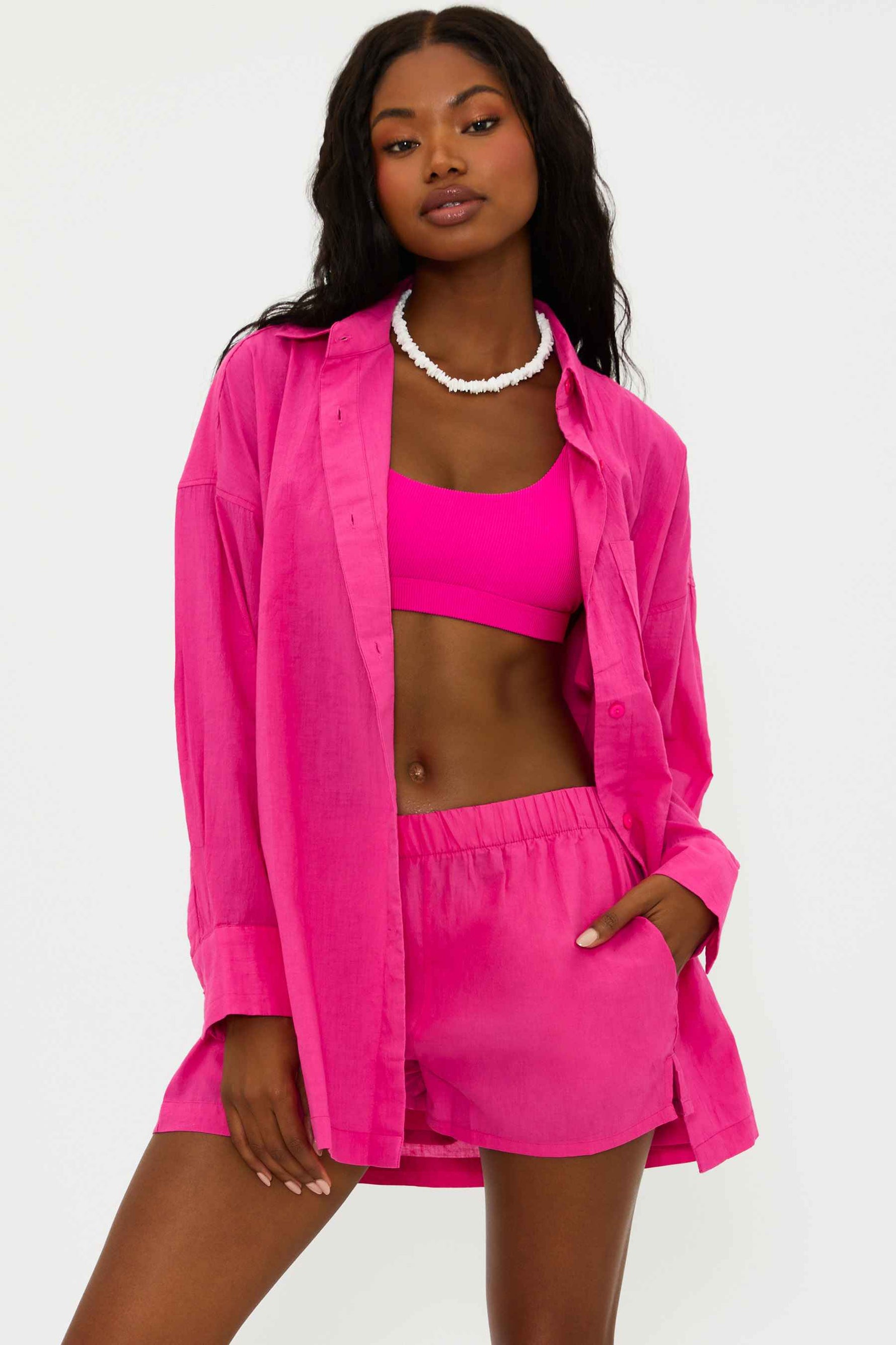 bright fuchsia button down top