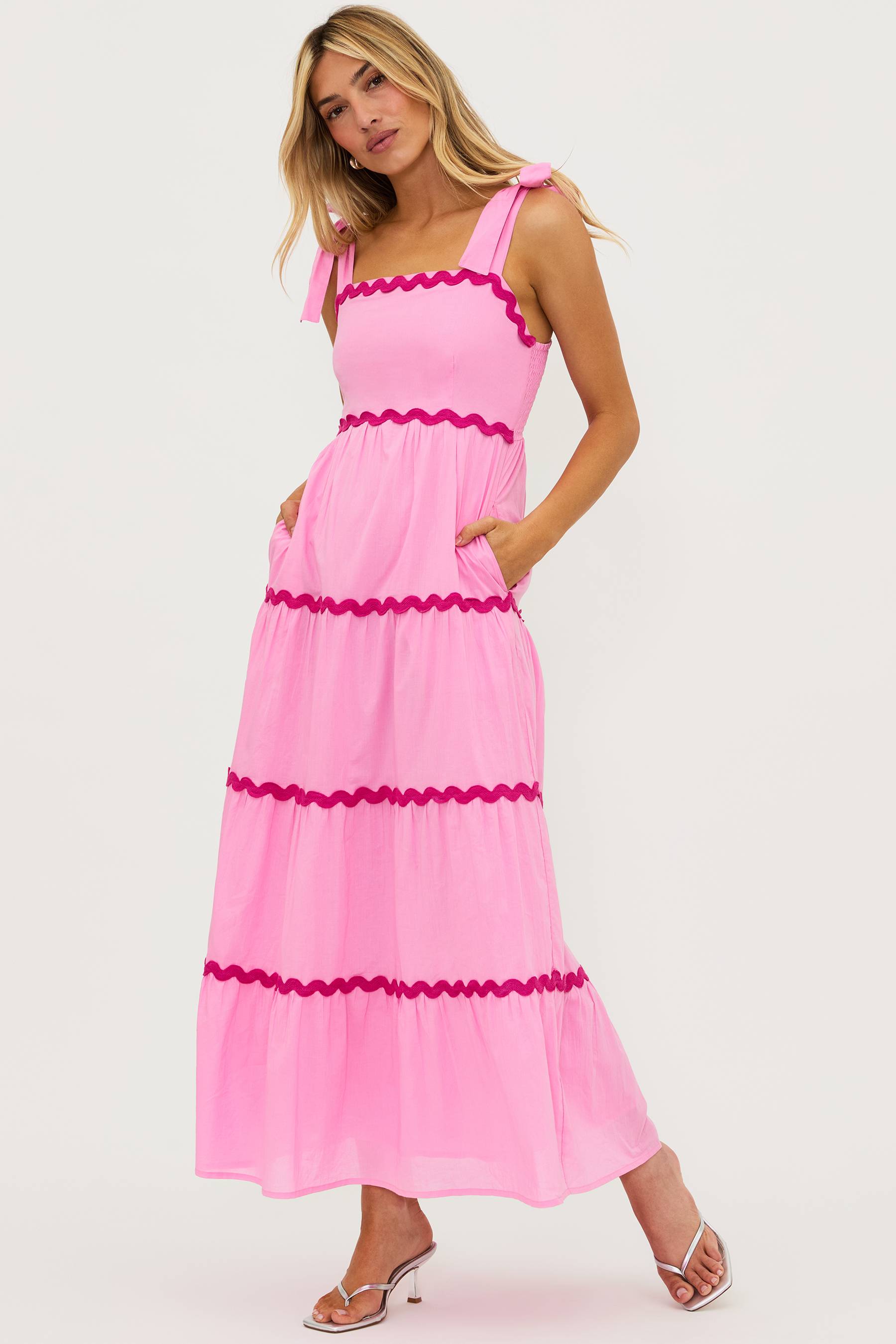 Pink tiered maxi dress with magenta rick rack on the tiers and tie shoulder straps