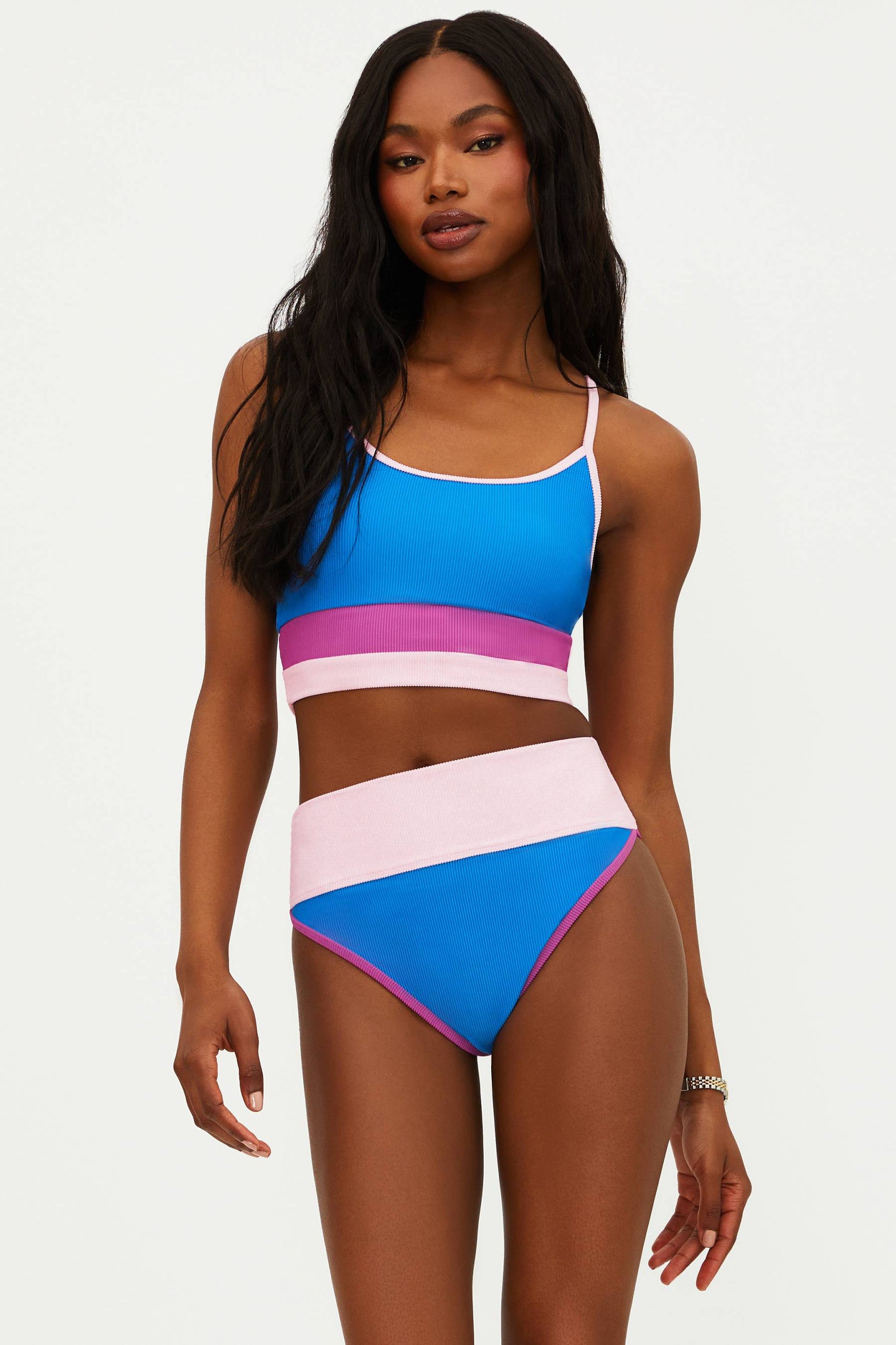 blue ribbed colroblock swimsuit