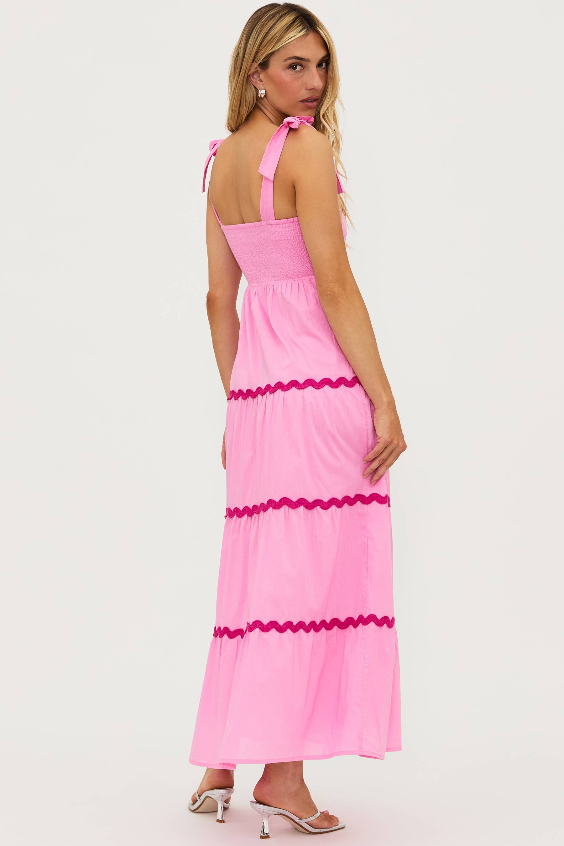 Pink tiered maxi dress with magenta rick rack on the tiers and tie shoulder straps