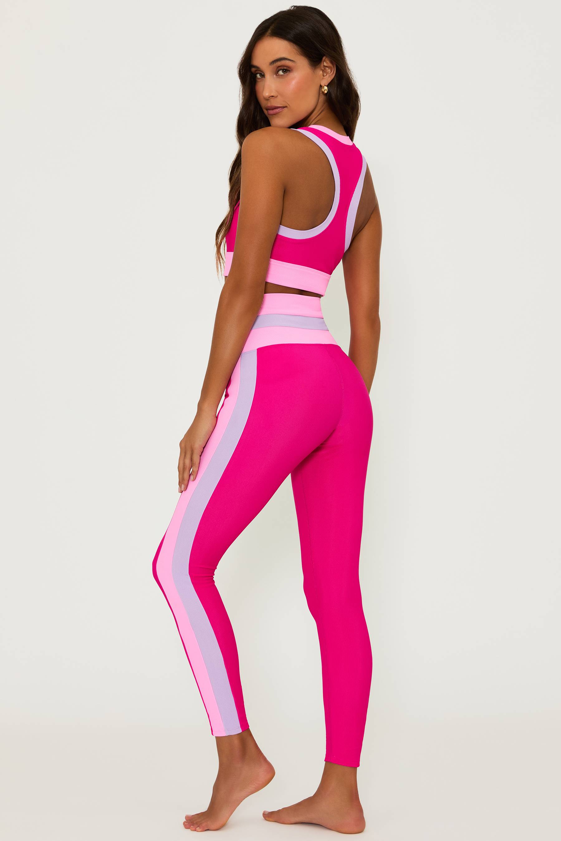 high waist, full length ribbed legging with pink and purple colorblocking