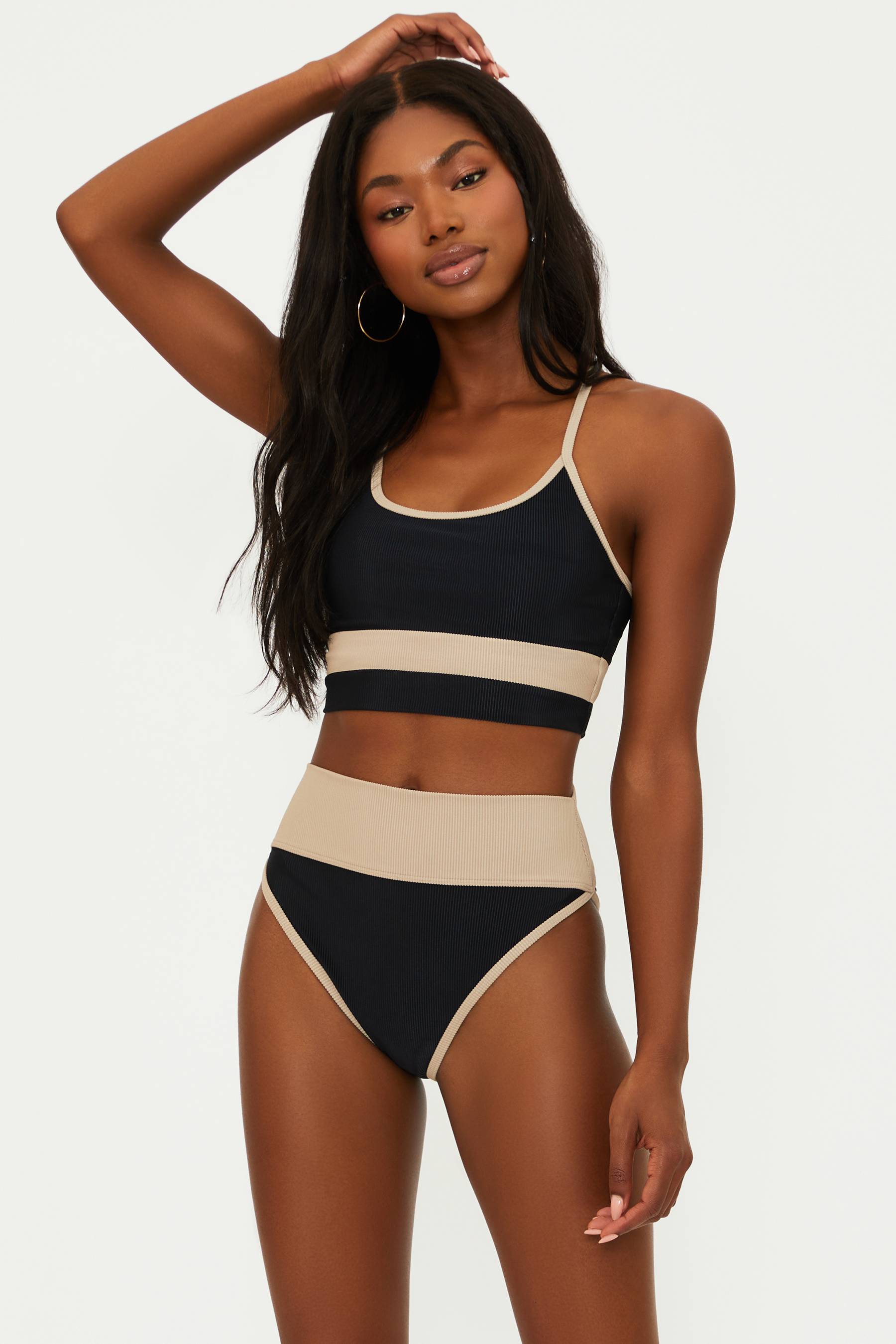 black and tan colorblock swimsuit