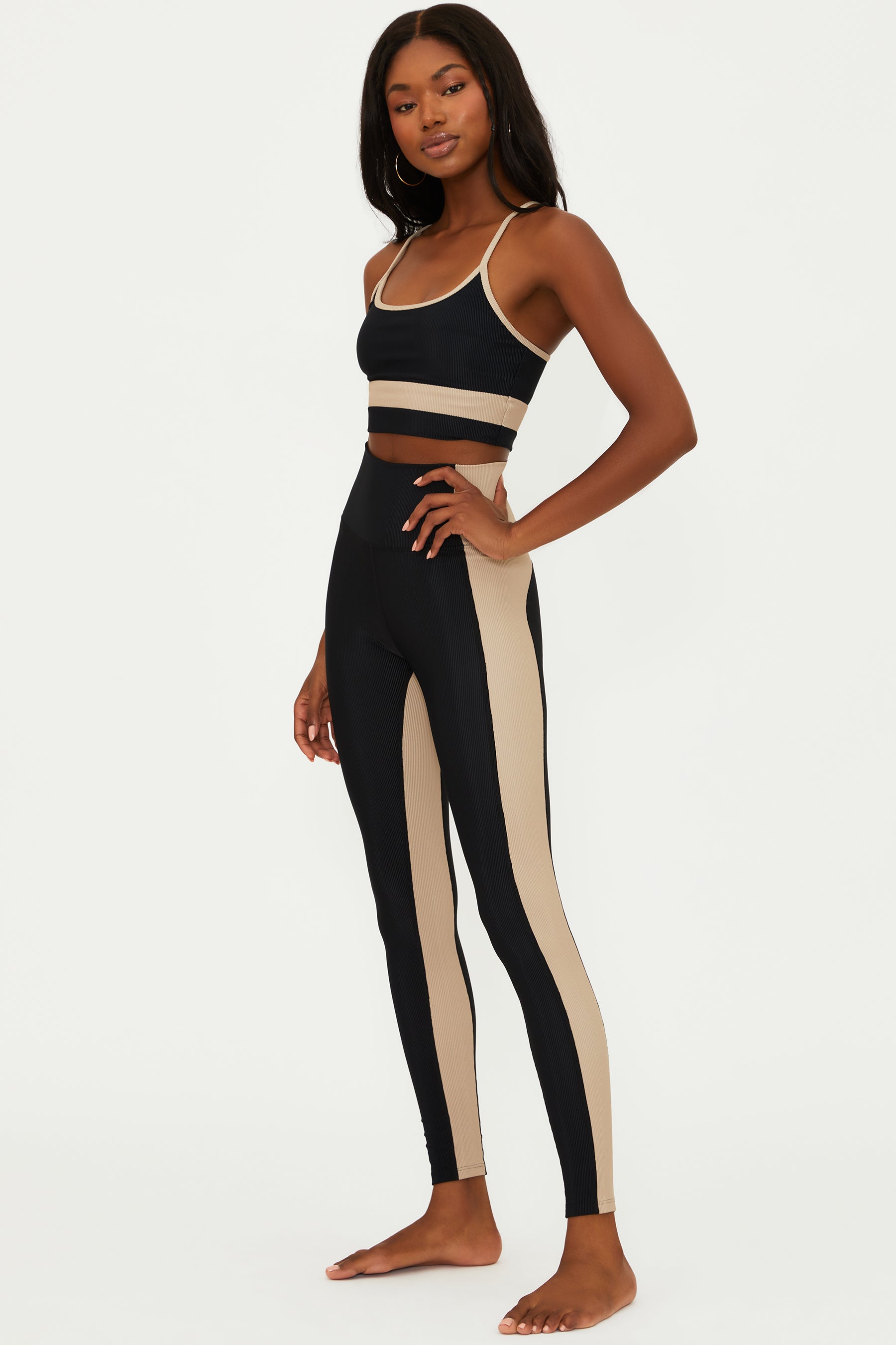 black full length ribbed legging with tan side panels